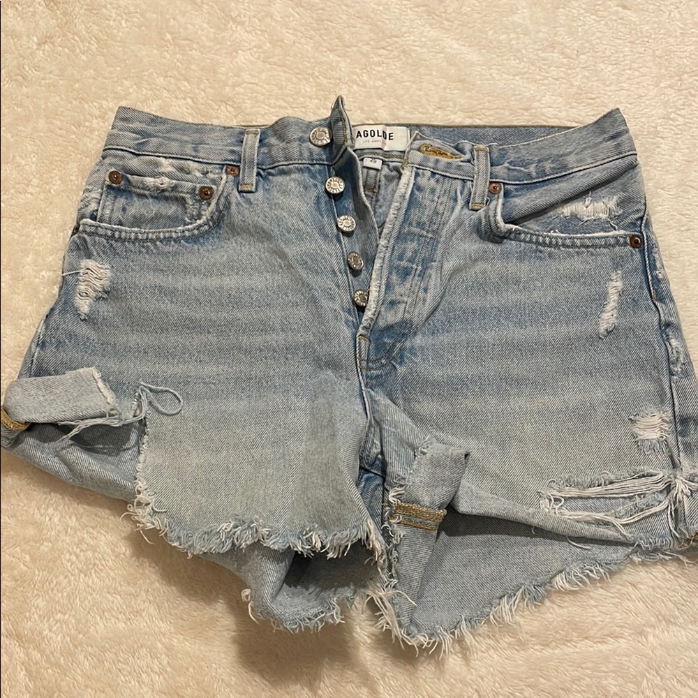 Agolde Frayed Light Blue Jean Shorts